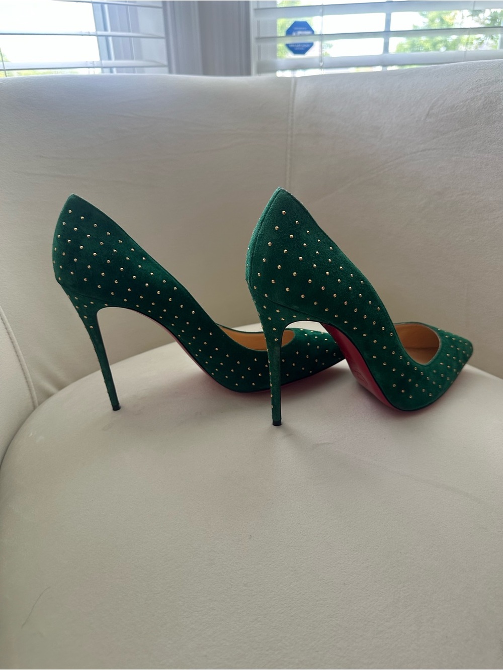 Christian Louboutin Emerald Green Suede Studded Pointed Pumps - Picture 2 of 4